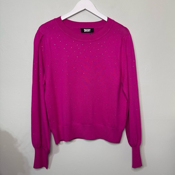 DKNY Pink Studded Crewneck Sweater Donna Karan Embellished Electric Pink Medium - Picture 15 of 15